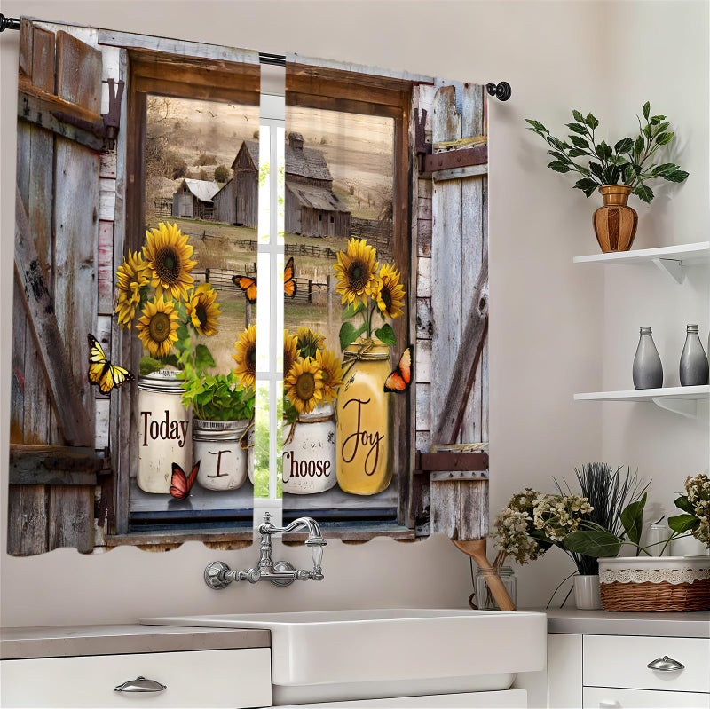 Famiffty Sunflower Vintage Country Kitchen Curtains 27.5W X 39L Inch 2 Panels Rod Pocket-Brown Old Barn Door Butterfly Short Cafe Tier Curtains-Wood Floral Bathroom Window Drapes Treatment Home Decor - Image 3