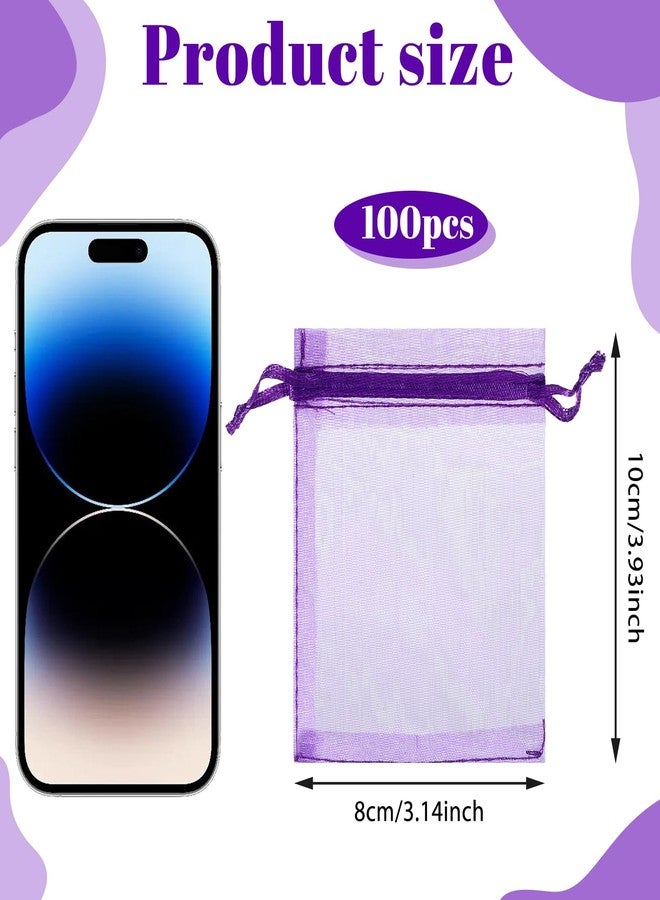 Xyembu 100 Pcs Purple Organza Bags, Drawstring Small Mesh Bags 3x4 Inch Jewelry Pouches Wedding Party Favor Candy Gift Bag for Small Business Bracelet Packaging Empty Sachet - Image 2