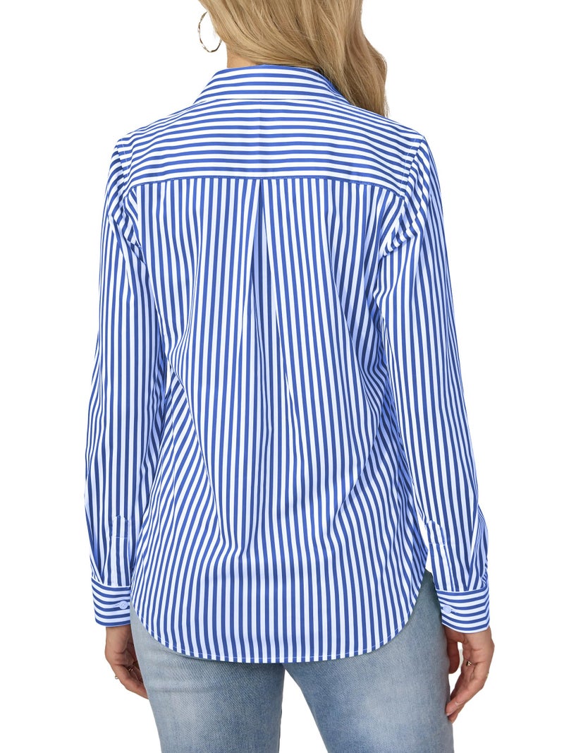 COUXILY Striped Button Down Shirts Business Casual Outfits for Women Dress Long Sleeve Silk Shirt Formal Blouses Collared Office Work Dressy Up Tops Blouse Wrinkle Free Blue and White Size S - Image 5