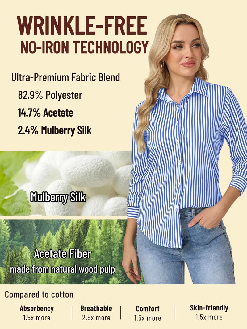 COUXILY Striped Button Down Shirts Business Casual Outfits for Women Dress Long Sleeve Silk Shirt Formal Blouses Collared Office Work Dressy Up Tops Blouse Wrinkle Free Blue and White Size S - Image 4