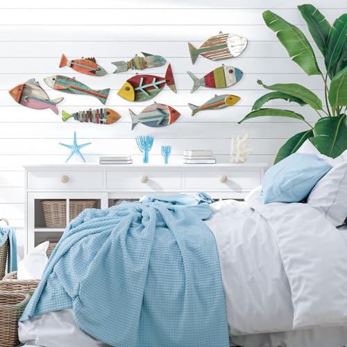 Yuntau 10 Pcs Wooden Fish Wall Decor Wood School of Fish Coastal Wall Decor Beach Wall Art for Home Nautical Theme Bathroom Hanging Decorations Gifts, Flat Printing Not 3D Pattern - Image 4