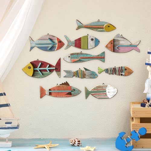 Yuntau 10 Pcs Wooden Fish Wall Decor Wood School of Fish Coastal Wall Decor Beach Wall Art for Home Nautical Theme Bathroom Hanging Decorations Gifts, Flat Printing Not 3D Pattern - Image 3