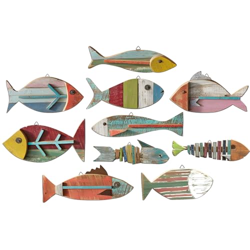 Yuntau 10 Pcs Wooden Fish Wall Decor Wood School of Fish Coastal Wall Decor Beach Wall Art for Home Nautical Theme Bathroom Hanging Decorations Gifts, Flat Printing Not 3D Pattern - Image 1