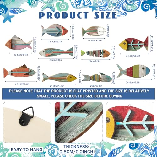 Yuntau 10 Pcs Wooden Fish Wall Decor Wood School of Fish Coastal Wall Decor Beach Wall Art for Home Nautical Theme Bathroom Hanging Decorations Gifts, Flat Printing Not 3D Pattern - Image 2
