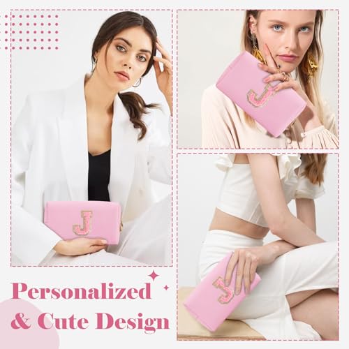 ChaoGreat Personalized Initial A-Z Preppy Patch Makeup Bag,Small PU Leather Chenille Letter Cosmetic Bag with Zipper for Teen Girls,Pink Cute Travel Toiletry Bag,Birthday Monogrammed Gift for Daughter,Letter J - Image 4