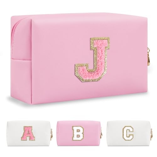 ChaoGreat Personalized Initial A-Z Preppy Patch Makeup Bag,Small PU Leather Chenille Letter Cosmetic Bag with Zipper for Teen Girls,Pink Cute Travel Toiletry Bag,Birthday Monogrammed Gift for Daughter,Letter J - Image 1