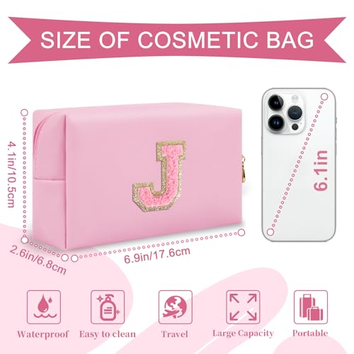 ChaoGreat Personalized Initial A-Z Preppy Patch Makeup Bag,Small PU Leather Chenille Letter Cosmetic Bag with Zipper for Teen Girls,Pink Cute Travel Toiletry Bag,Birthday Monogrammed Gift for Daughter,Letter J - Image 2