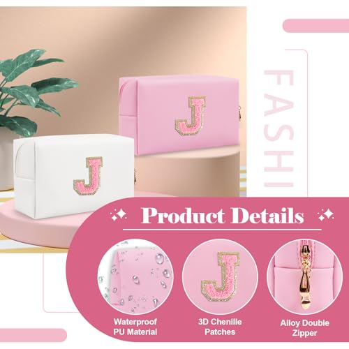 ChaoGreat Personalized Initial A-Z Preppy Patch Makeup Bag,Small PU Leather Chenille Letter Cosmetic Bag with Zipper for Teen Girls,Pink Cute Travel Toiletry Bag,Birthday Monogrammed Gift for Daughter,Letter J - Image 3