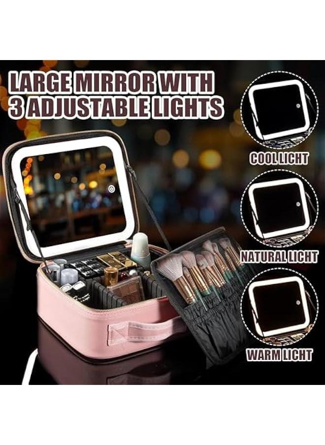 HOOKOR Makeup Bag with Mirror and Light 3 Colors,Travel Makeup Train Case Cosmetic Organizer,Portable Artist Storage Bag with Adjustable Dividers Makeup Brushes Storage Organizer,Gift for Women  - Image 5