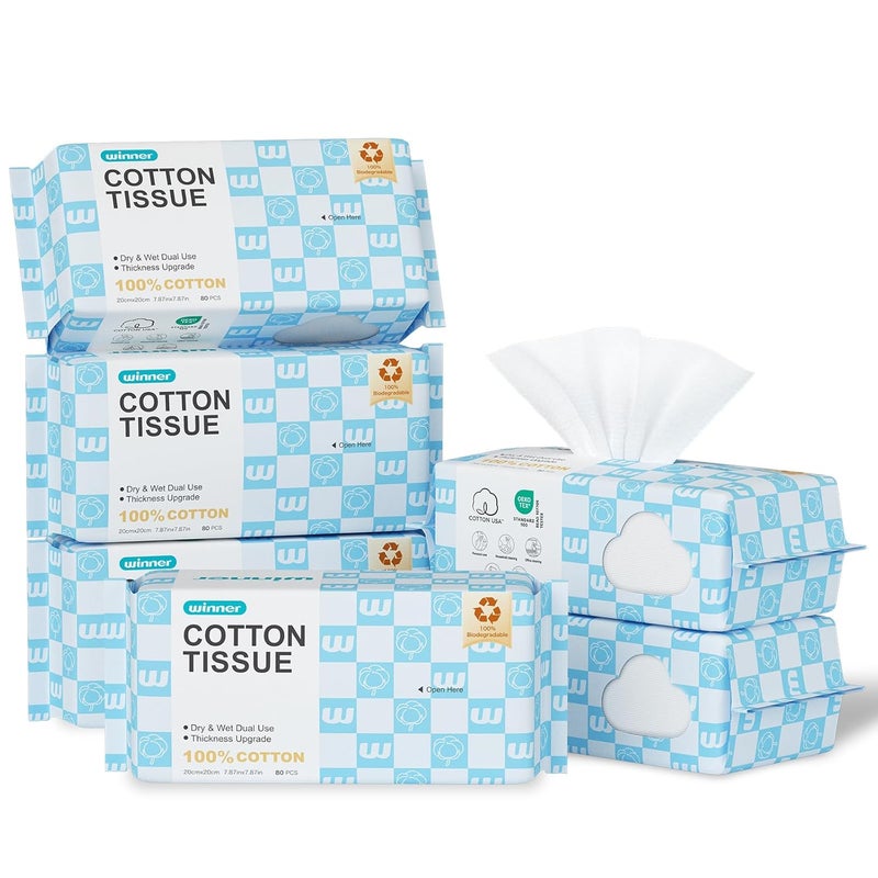 Winner Soft Face Towels Upgraded Thicker 100 USA Cotton Dry Wipes Unscented and Gentle on Sensitive Skin Disposable Makeup Remover and Facial Towelettes 480 Count Pack of 6