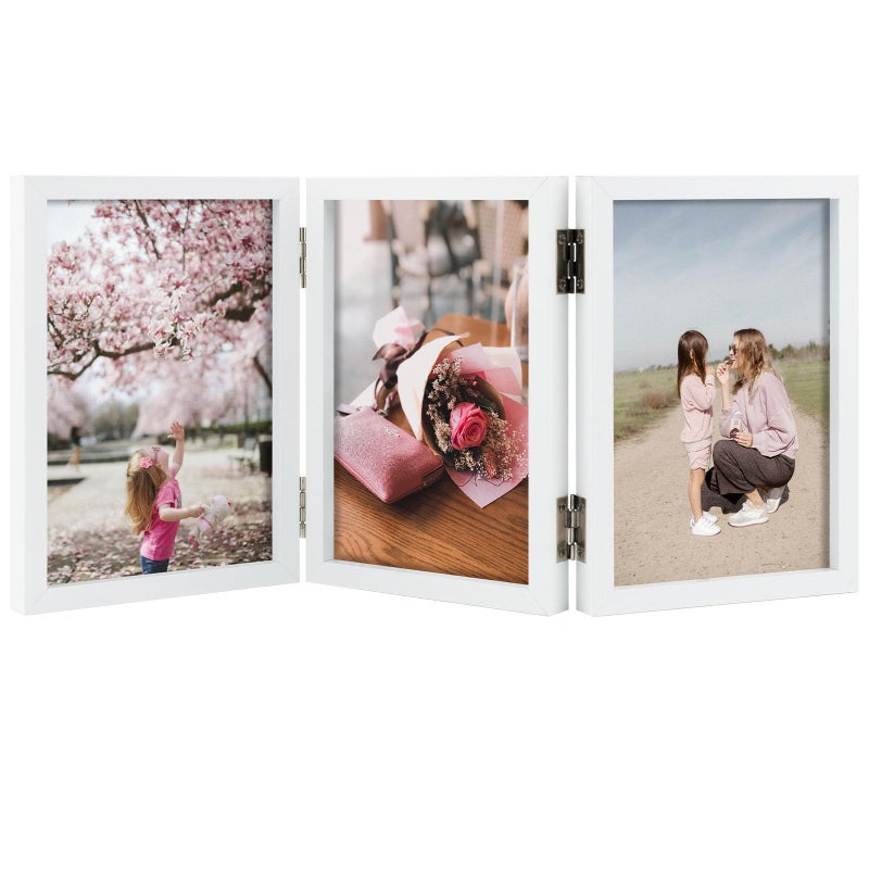 Space Art Deco 4x6 Triple Hinged Frames  3 Folding Picture Frame  Triptych Photo Frame  Stand Vertically on Desktop or Tabletop  White - Image 1