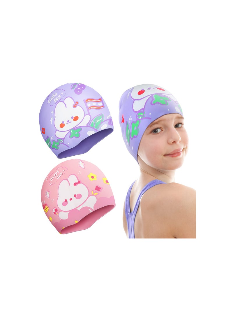 SYOSI Kids Swimming Caps, 2 PCS Kids Waterproof Bathing Swim Cap, for Kids, Children, Boys and Girls, Girls Swimming Hat Fabric Toddler Swim Caps, Polyester Child's Swim Hats for Long and Short Hair - Image 1