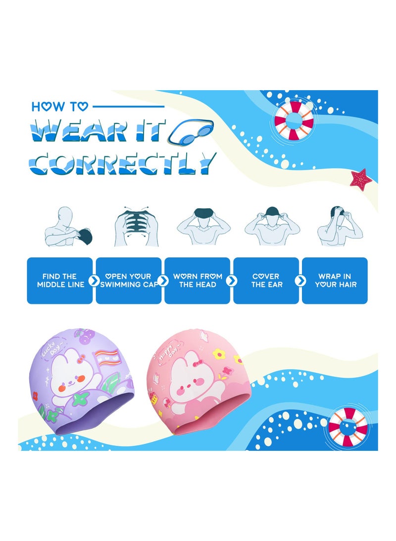 SYOSI Kids Swimming Caps, 2 PCS Kids Waterproof Bathing Swim Cap, for Kids, Children, Boys and Girls, Girls Swimming Hat Fabric Toddler Swim Caps, Polyester Child's Swim Hats for Long and Short Hair - Image 4