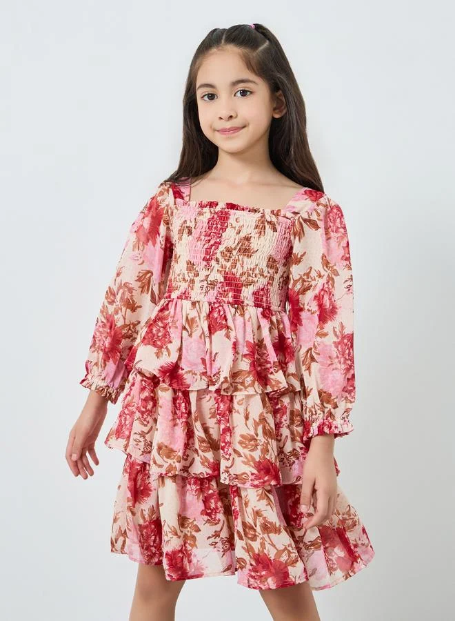 Styli Girls Pink Floral Tiered Mini Dress