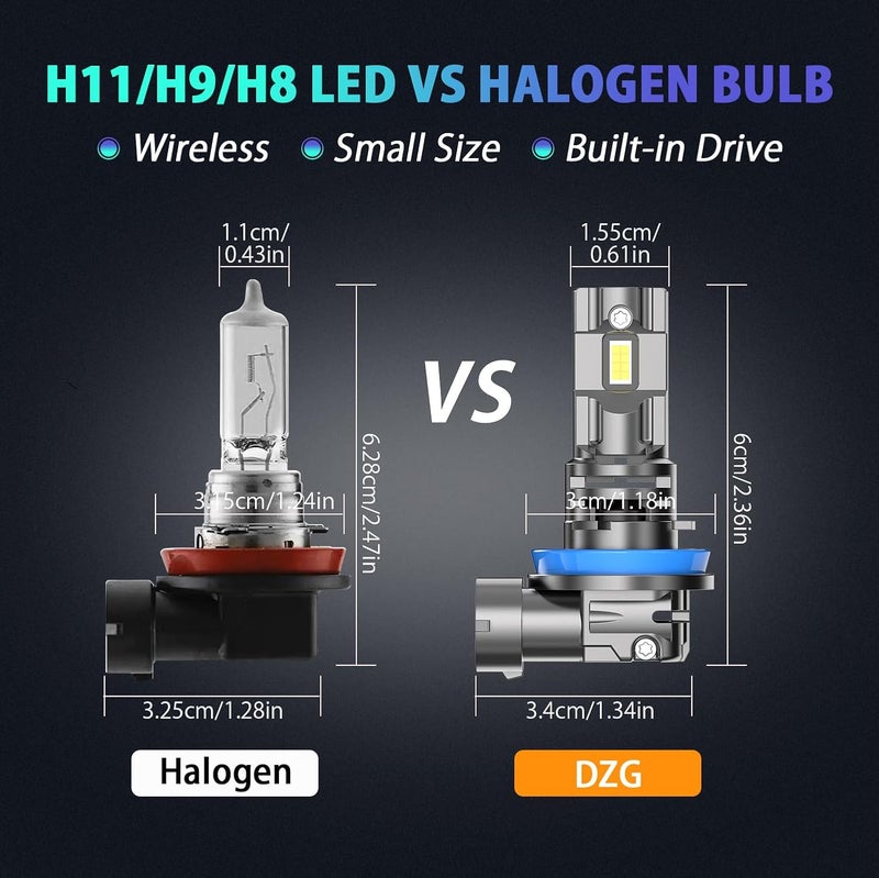 دي زد جي مصابيح ضباب LED H11 H9 H8 بقوة 20 واط، لون أبيض بارد 6000K، مدمجة مع مروحة تبريد، قابلة للتركيب المباشر، عبوة من 2 قطعة - Image 2