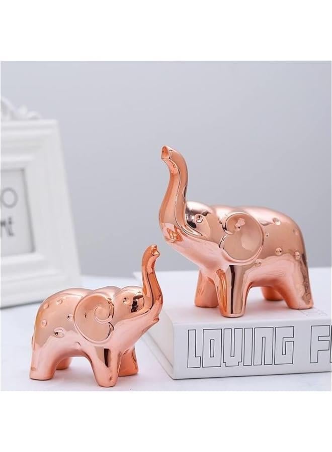 هوكور زوج من تمثال الفيل لديكور المنزل، تماثيل على الطراز الحديث، منحوتة للمكتب ورف الكتب وغرفة المعيشة (ذهبي وردي) - Image 1