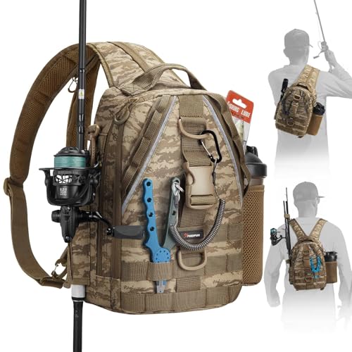 Piscifun Fishing Backpack with Rod Holder Lightweight Sling Bag Storge Gear and Equipment Khaki Camouflage Latch Standard - Image 1