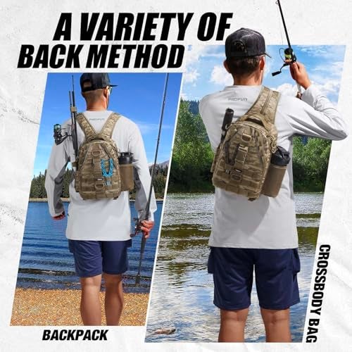 Piscifun Fishing Backpack with Rod Holder Lightweight Sling Bag Storge Gear and Equipment Khaki Camouflage Latch Standard - Image 3