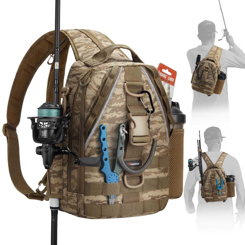 Piscifun Fishing Backpack with Rod Holder Lightweight Sling Bag Storge Gear and Equipment Khaki Camouflage Latch Standard - Image 2