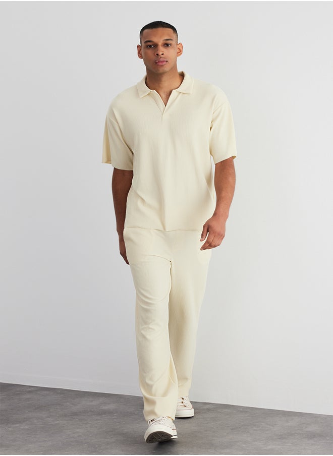 trendyol Limited Edition Ecru Men's Oversize/Wide Cut Textured Anti-Wrinkle Ottoman Seamless Polo Collar T-Shirt  - Image 1