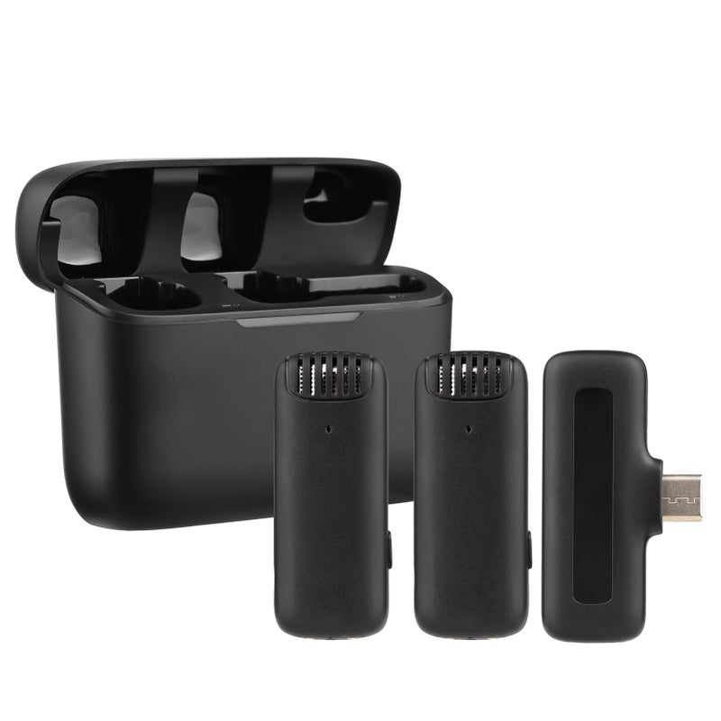 Portable One-Trigger-Two Wireless Microphone System with 1 Receiver & 2 Clip-on Microphone 20M Transmission Range Built-in Battery with Charging Case for Type-C Android Smartphones - Image 1