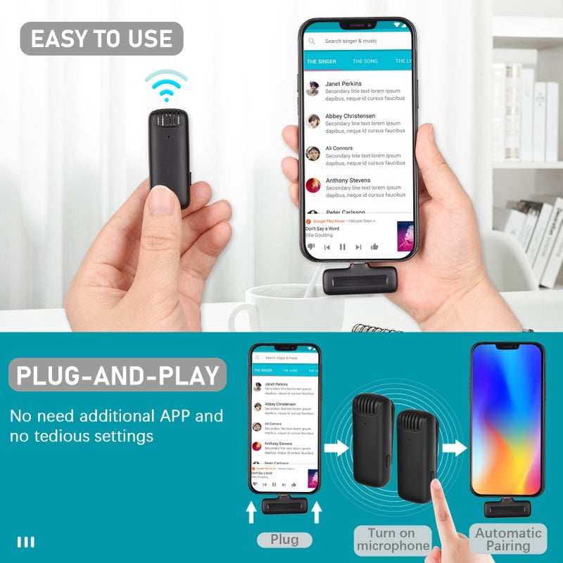 Portable One-Trigger-Two Wireless Microphone System with 1 Receiver & 2 Clip-on Microphone 20M Transmission Range Built-in Battery with Charging Case for Type-C Android Smartphones - Image 3