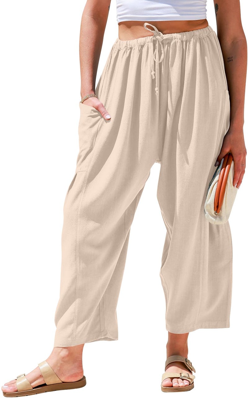 TARSE Womens Linen Pants Casual Wide Leg Loose Drawstring Low Waist Beach Palazzo Harem Pants with Pockets(HeatherLightKhaki,S) - Image 1