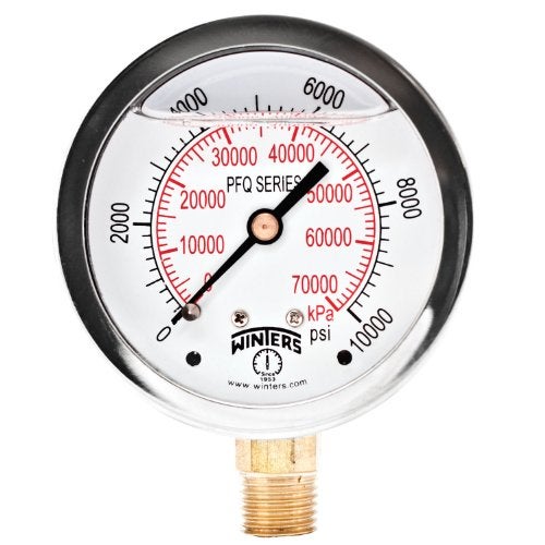Winters Instruments Winters 2-1/2" Dial Size, Liquid Filled Industrial Pressure Gauge, Brass Internals, Stainless Steel Case, Dual Scale 0-10,000 psi/kPa, 1.5% Acc, 1/4" NPT Bottom Mount, Glycerin Filled Pressure Gauge - Image 1
