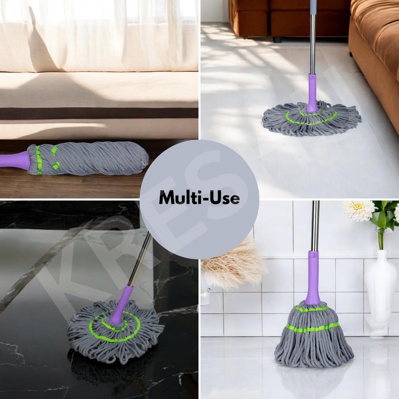 KRESHU Turkiy Handle Twist Mop Quick Dry Easy Self Wringing String Microfiber Handle Dust Removal Wet & Dry Floor Cleaning Adjustable Height Super Absorbent Rotating Hands Free Mop (Pack of 1) - Image 2