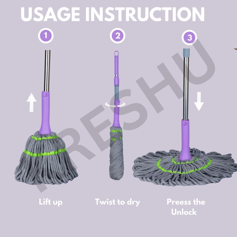 KRESHU Turkiy Handle Twist Mop Quick Dry Easy Self Wringing String Microfiber Handle Dust Removal Wet & Dry Floor Cleaning Adjustable Height Super Absorbent Rotating Hands Free Mop (Pack of 1) - Image 3