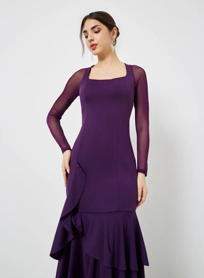 Styli deep purple Purple Mesh Long Sleeves Mermaid Hem Midi Dress for Women | Best Price UAE