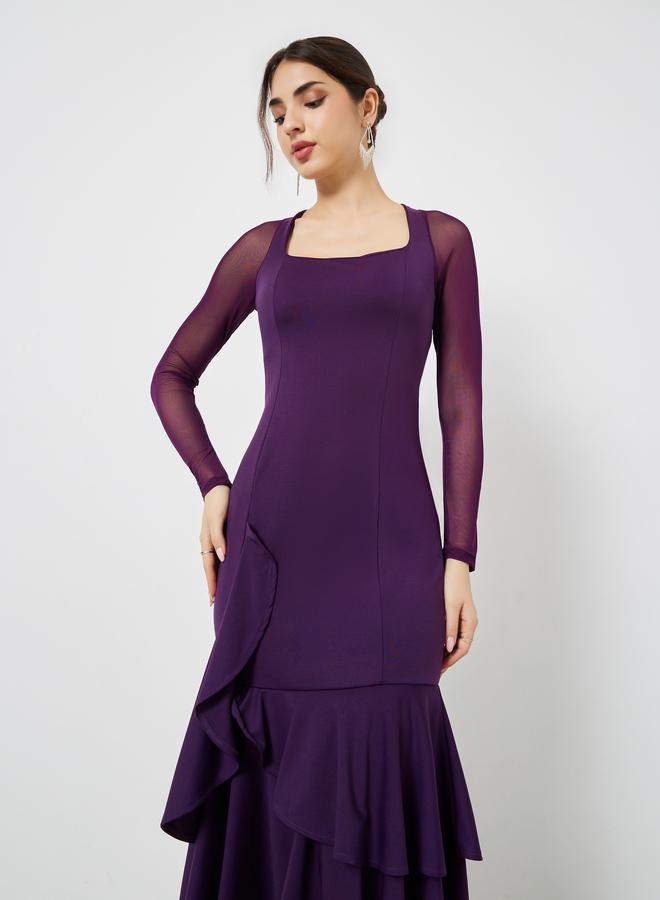 ستايلي فستان ميدي بحافة ميرميد وأكمام طويلة شبكية - Image 3