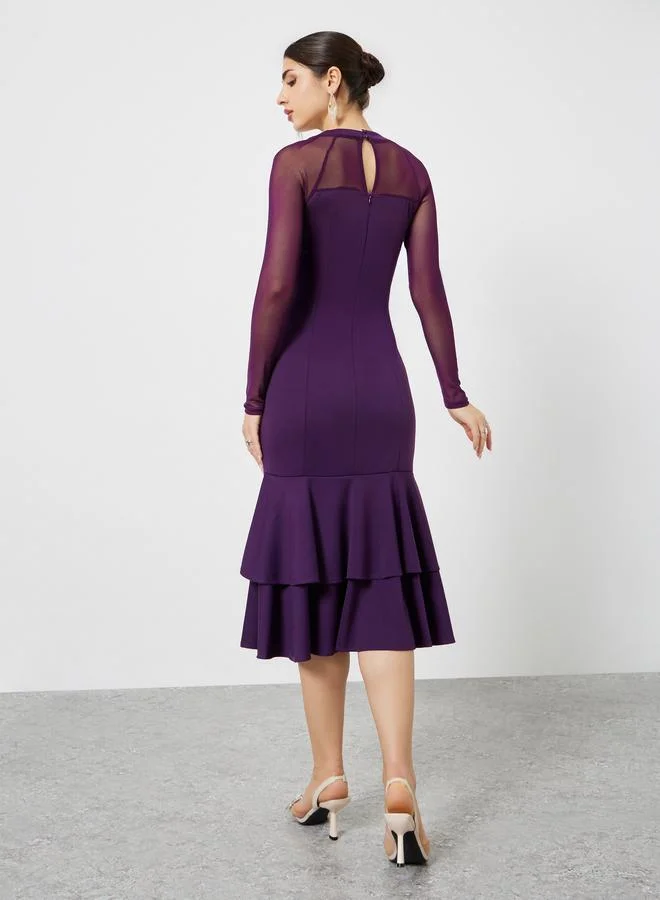 Styli deep purple Purple Mesh Long Sleeves Mermaid Hem Midi Dress for Women | Best Price UAE