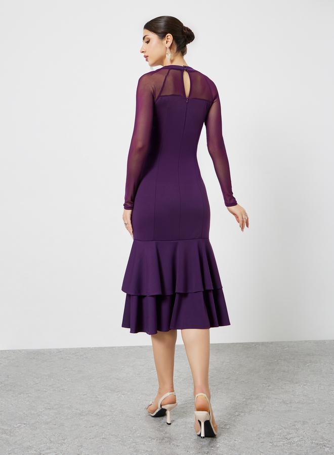 ستايلي فستان ميدي بحافة ميرميد وأكمام طويلة شبكية - Image 5