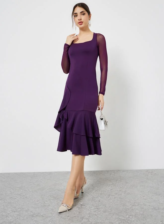 ستايلي فستان ميدي بحافة ميرميد وأكمام طويلة شبكية