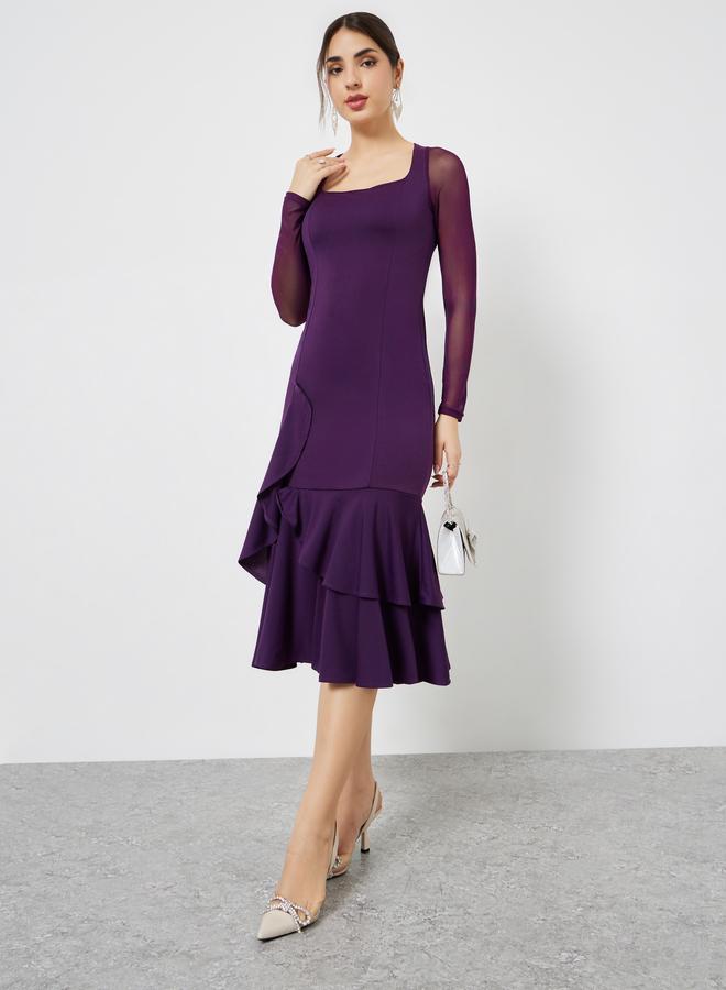 ستايلي فستان ميدي بحافة ميرميد وأكمام طويلة شبكية - Image 2