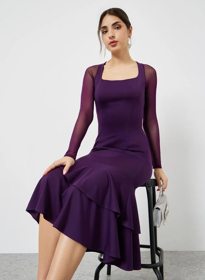 ستايلي فستان ميدي بحافة ميرميد وأكمام طويلة شبكية