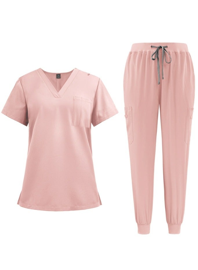 Loquat Medical Uniform Scrubs 2 Piece Set V-Neck Top and Jogger Pants Suit Pink