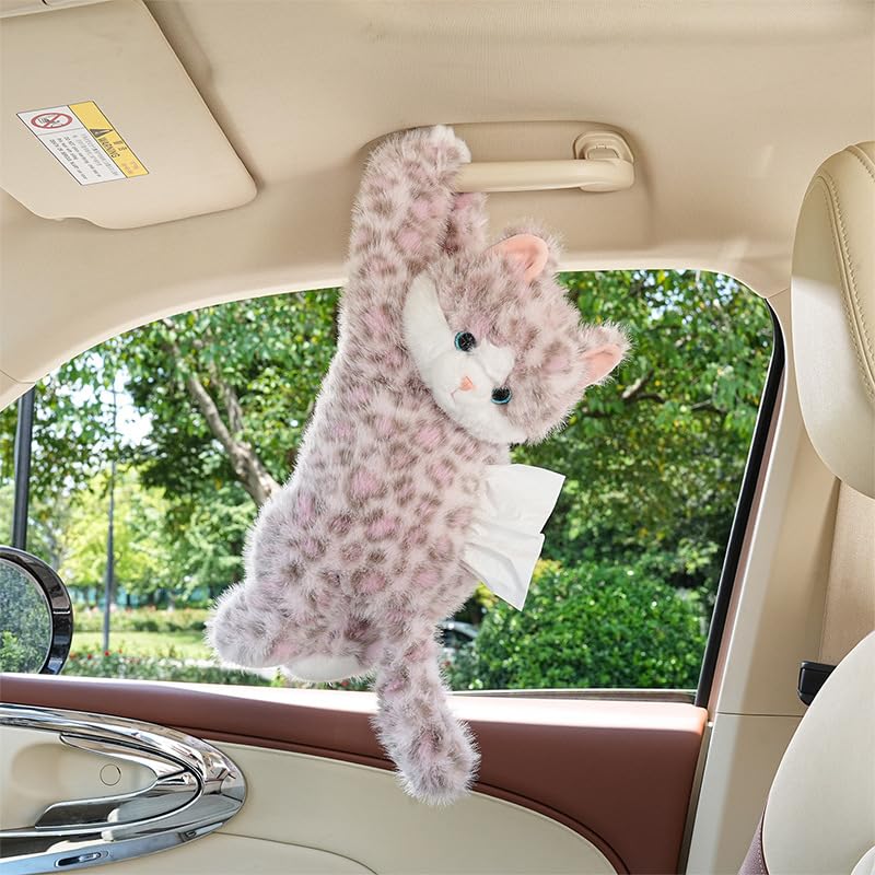 WASTROYAL Cute Cat Car Tissue Box Cover with Plush Doll, Hanging Vehicle Interior Organizer, Adorable Auto Decoration & Practical Accessory (Pink) - Image 2