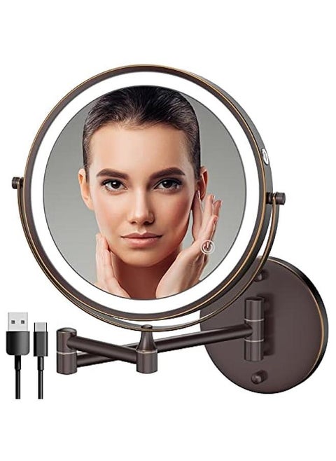 8 Inch Double-Sided LED Vanity Mirror with 1X/10X Magnification, Rechargeable Wall Mounted Lighted Makeup Mirror with 3 Color Lights, Touch Screen Dimmable, 360° Swivel, and 13 Inch Extendable