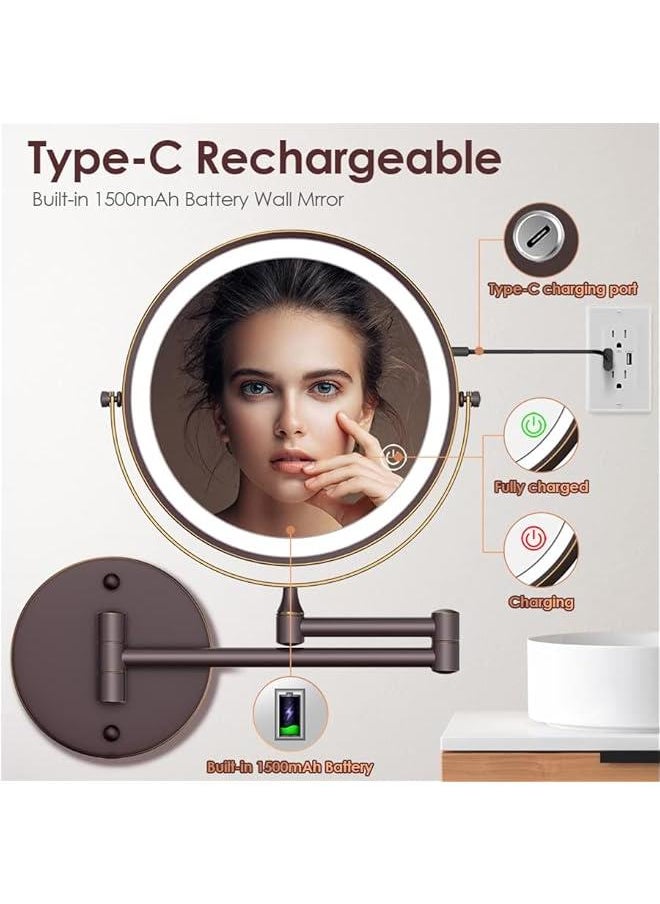 8 Inch Double-Sided LED Vanity Mirror with 1X/10X Magnification, Rechargeable Wall Mounted Lighted Makeup Mirror with 3 Color Lights, Touch Screen Dimmable, 360° Swivel, and 13 Inch Extendable