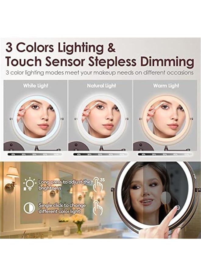 8 Inch Double-Sided LED Vanity Mirror with 1X/10X Magnification, Rechargeable Wall Mounted Lighted Makeup Mirror with 3 Color Lights, Touch Screen Dimmable, 360° Swivel, and 13 Inch Extendable