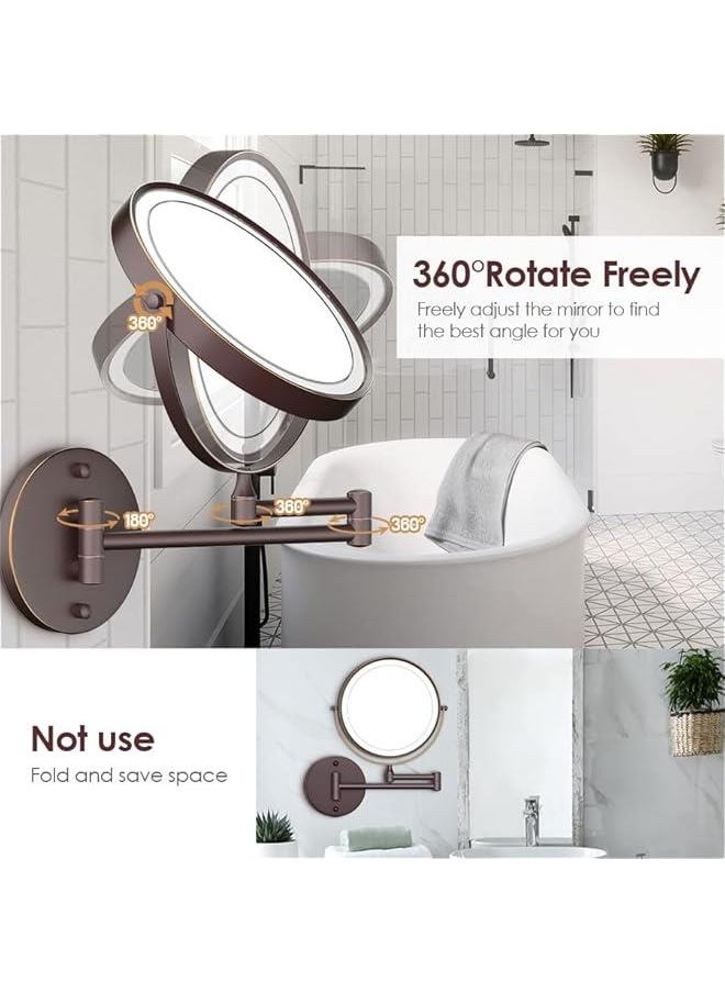 8 Inch Double-Sided LED Vanity Mirror with 1X/10X Magnification, Rechargeable Wall Mounted Lighted Makeup Mirror with 3 Color Lights, Touch Screen Dimmable, 360° Swivel, and 13 Inch Extendable