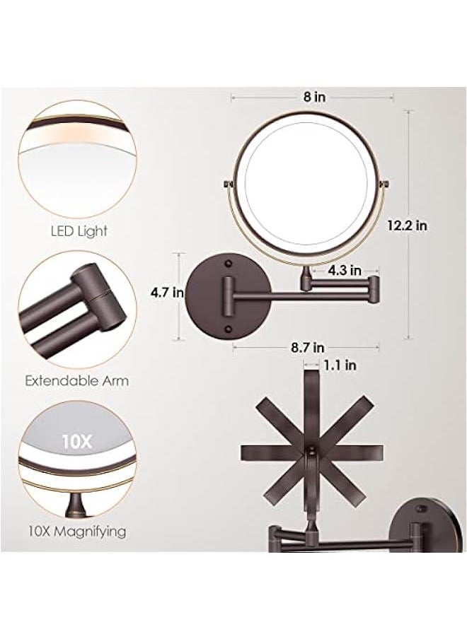 8 Inch Double-Sided LED Vanity Mirror with 1X/10X Magnification, Rechargeable Wall Mounted Lighted Makeup Mirror with 3 Color Lights, Touch Screen Dimmable, 360° Swivel, and 13 Inch Extendable