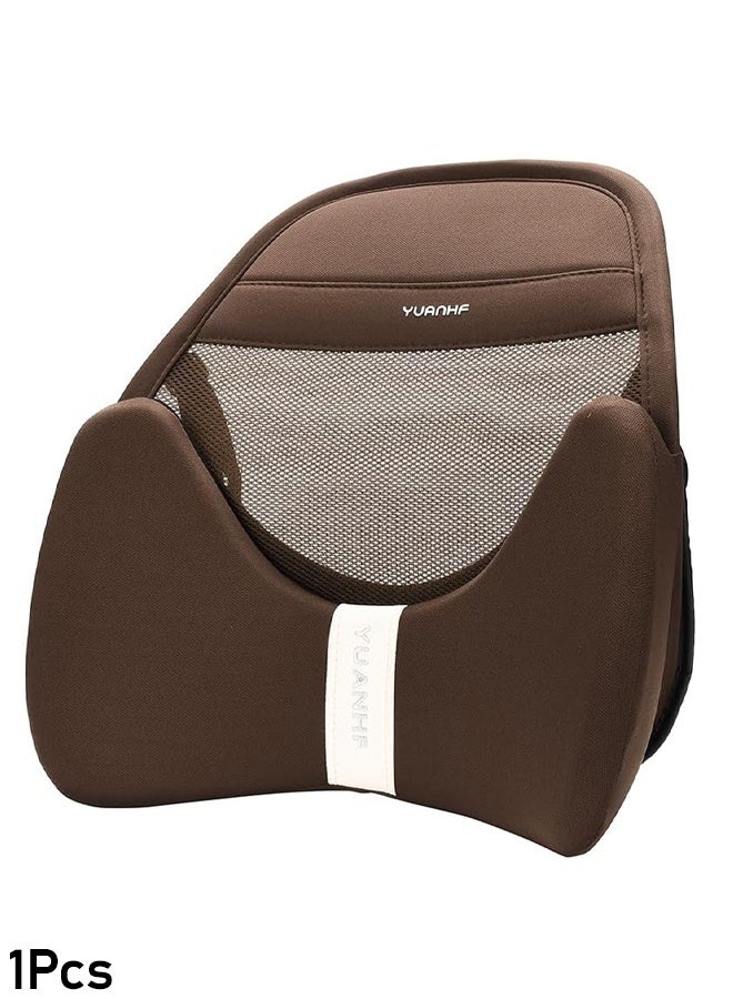 Yuanhf Brown Lumbar Support Pillow for Car & Office Chair – High-Density Memory Foam, Breathable Mesh, Contoured Back Support, Ergonomic Design, Adjustable Strap, 46x42cm – Relieves Back Pain & Improves Posture – Easy to Clean, Comfortable for Long Drives - Image 1