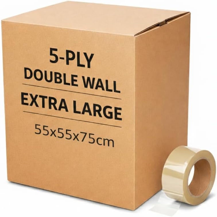 Thrill 5-Ply Heavy Duty Corrugated Moving Box with Clear Packing Tape - Extra Large (55x55x75cm) - Image 1
