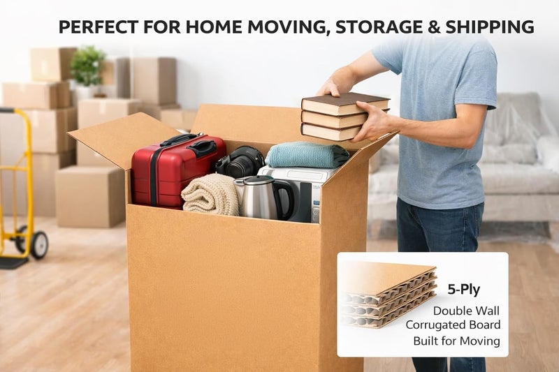 Thrill 5-Ply Heavy Duty Corrugated Moving Box with Clear Packing Tape - Extra Large (55x55x75cm) - Image 3