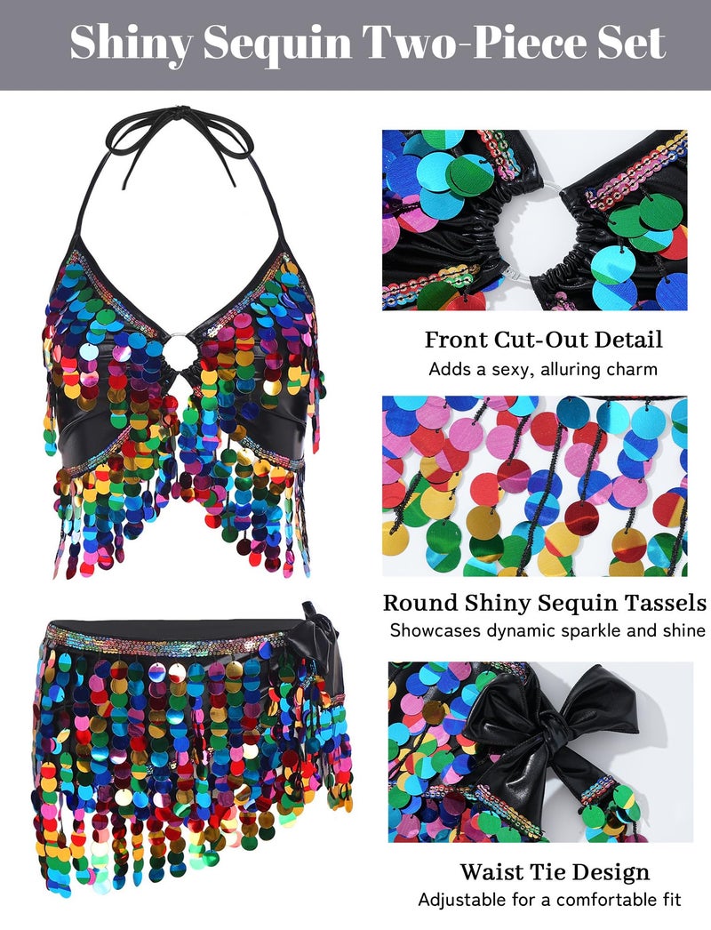 FEOYA Women's 2 Pcs Belly Dance Skirt Set Sequins Tassel Bra Top with Fringe Hip Scarf Carnival Clubwear Outfit Black - Image 4