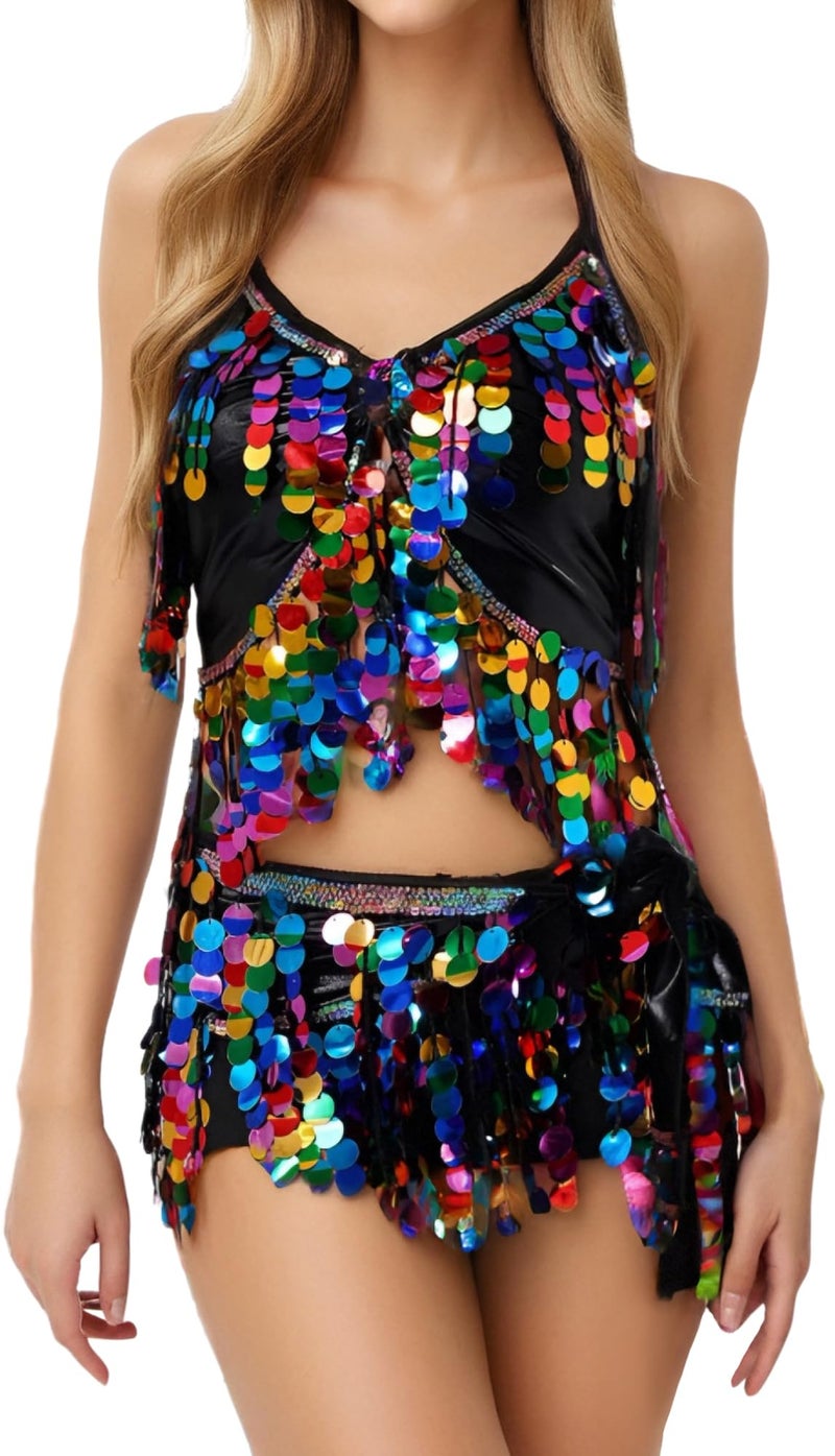 FEOYA Women's 2 Pcs Belly Dance Skirt Set Sequins Tassel Bra Top with Fringe Hip Scarf Carnival Clubwear Outfit Black - Image 1