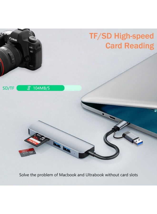 موزع USB-C من الألومنيوم 5 في 1 مع قارئ بطاقة ذاكرة و3 منافذ USB 3.0، لأجهزة الكمبيوتر الشخصية وأجهزة الكمبيوتر المحمولة وأجهزة MacBook Pro/Air وiMac Pro وSurface والكمبيوتر اللوحي
